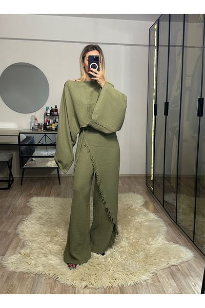 NET OF NOT Darla Khaki Muslin Fabric Envelope Trousers Crop Set