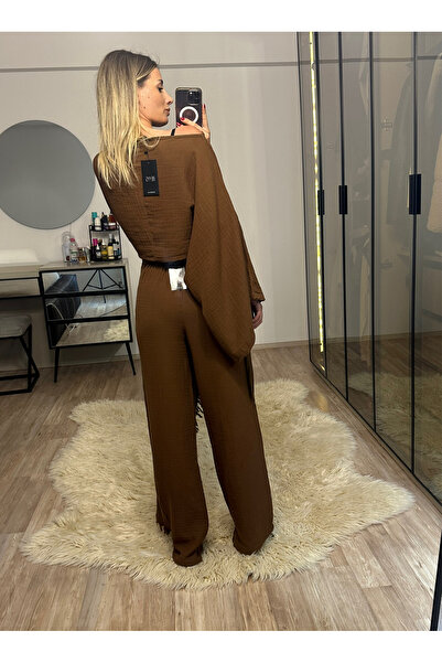 NET OF NOT Darla Brown Muslin Fabric Envelope Trousers Crop Set