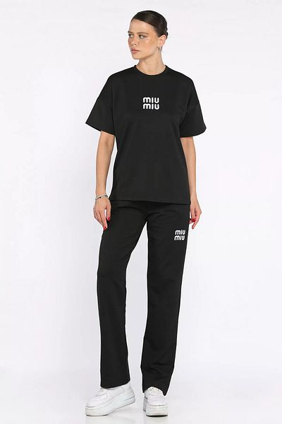 GÜLSELİ Black Women's Embroidery Detailed T-Shirt Pants Double Set