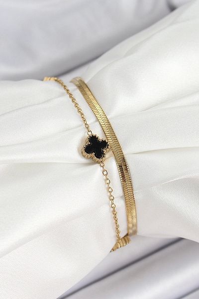 Clariss 316L Steel Gold Color Black Clover Italian Chain 2-Piece Women's Bracelet
