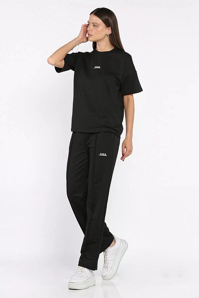 GÜLSELİ Black Women's Çima Detailed Embroidered Trousers T-Shirt Double Set