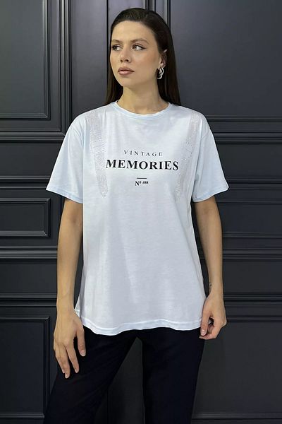 GÜLSELİ Baby Blue Crew Neck Printed Stone Women's T-Shirt
