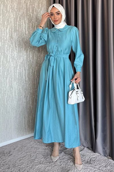 julude Indigo Baby γιακά μπροστινό κουμπί Λεπτομερές πλισέ φόρεμα Hijab με ζώνη
