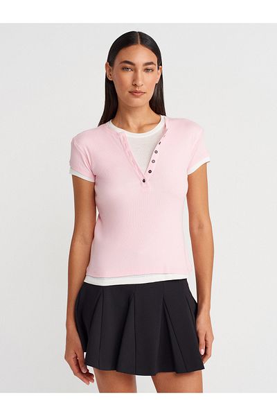 Dilvin 31783 Double Layer Buttoned T-Shirt-Powder Pink