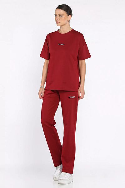 GÜLSELİ Burgundy Women's Crew Neck Embroidery Detailed T-Shirt Pants Two-Piece Set