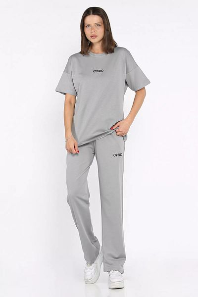 GÜLSELİ Gray Women's Crew Neck Embroidery Detailed T-Shirt Pants Double Set