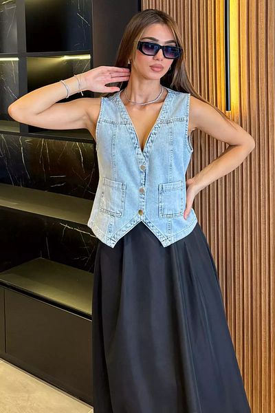 GÜLSELİ Vestă de jeans cu buzunar albastru gheață