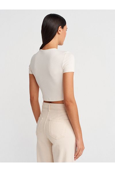 Dilvin 31647 Button Detailed Crop Top-Stone