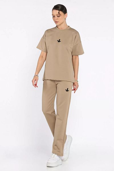 GÜLSELİ Beige Women's Embroidery Detailed Crew Neck T-Shirt Pants Double Set