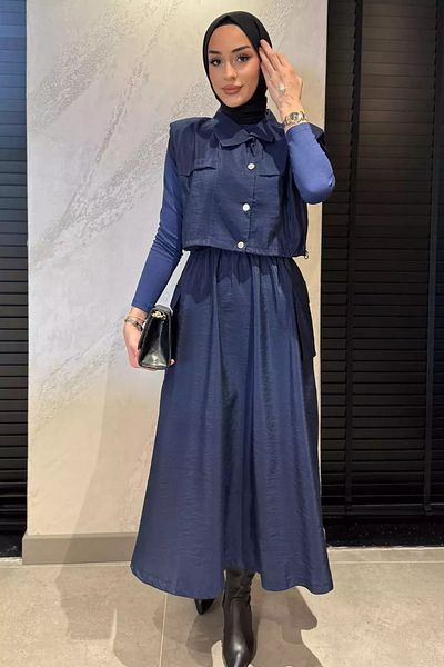 julude Navy Blue Snap Fastener Cargo Pocket Parachute Fabric Dress Vest Hijab Double Suit