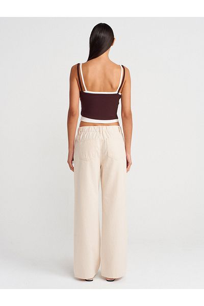 Dilvin 72013 Belt Section Drawstring Cotton Denim Trousers-Ecru