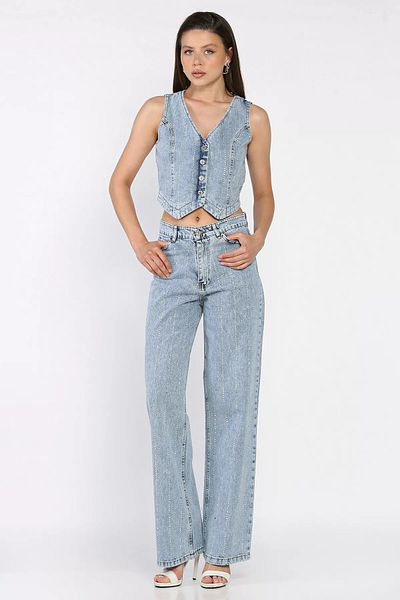 GÜLSELİ Ice Blue Stone Detailed Jean Denim Vest Trousers Double Set