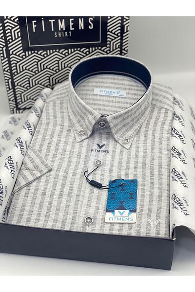 Fitmens Classic Short Sleeve Linen Cotton Lapel Button Gift Boxed Men's Shirt Fs-004152 - Anthracite