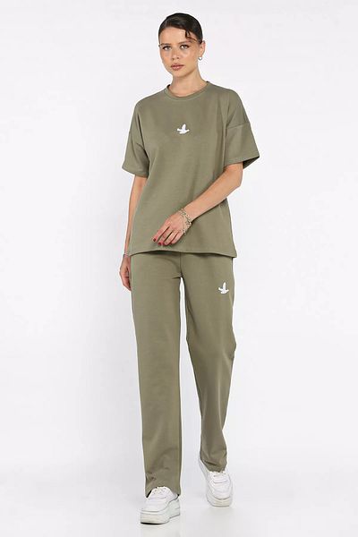 GÜLSELİ Khaki Women's Embroidery Detailed Crew Neck T-Shirt Pants Double Set