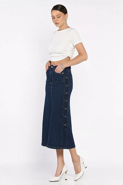 GÜLSELİ Navy Blue Women's Stone Embroidered Slit Detailed Jean Denim Skirt