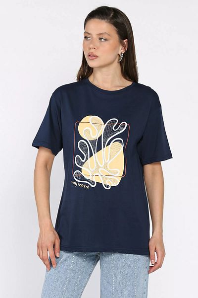 GÜLSELİ Navy Blue Women's Stone Printed Crew Neck T-Shirt
