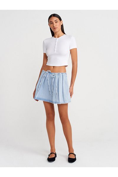 Dilvin 80585 Mini fustă din denim cu fundă în față-albastru