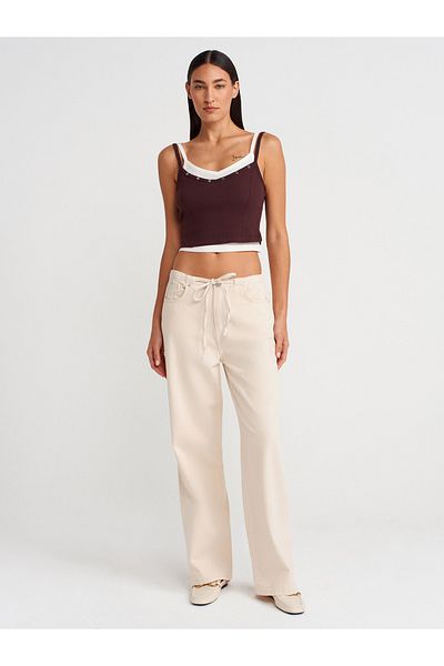 Dilvin 72013 Belt Section Drawstring Cotton Denim Trousers-Ecru