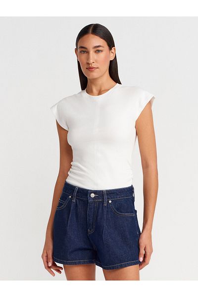 Dilvin 31875 Stitch Detailed T-Shirt-Ecru