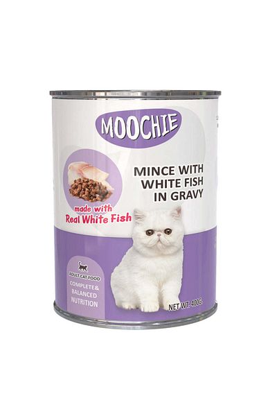 MOOCHIE Mince With White Fish In Gravy Cat Wet Food Can 400g Pack of 12