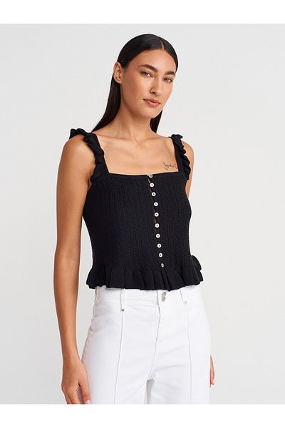 Dilvin 10774 Ruffled Button Ball Blouse with Strap-Black