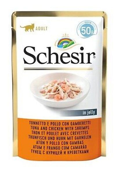 Schesir Cat Pouch-Wet Food Tuna with Chicken with Shrimps 50g Pack of 12