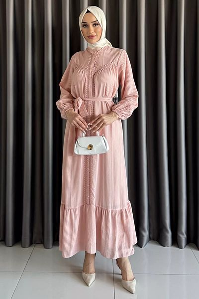 julude Rochie hijab cu nasturi până la podea, cu volane, cu detaliu de centură