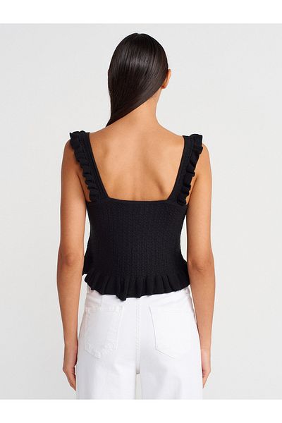 Dilvin 10774 Ruffled Button Ball Blouse with Strap-Black