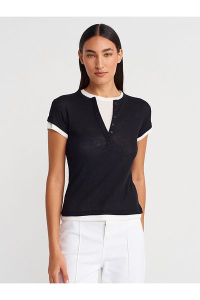 Dilvin 31783 Double Layer Buttoned T-Shirt-Black