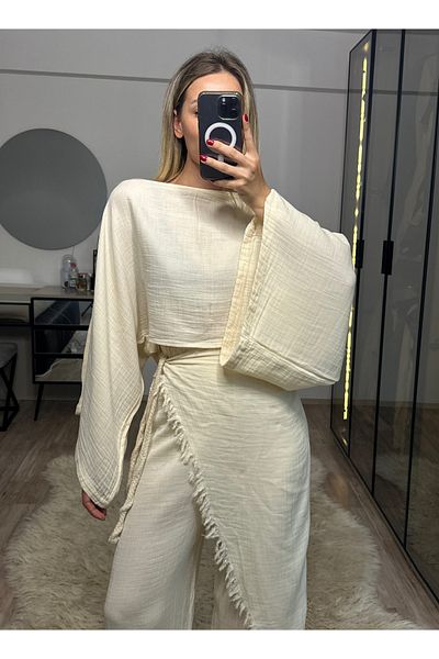 NET OF NOT Darla Beige Muslin Fabric Envelope Trousers Crop Set