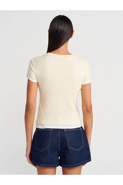 Dilvin 31783 Double Layer Button T-Shirt-Light Yellow