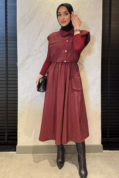 julude Burgundy Snap Cargo Pocket Parachute Fabric Dress Vest Hijab Double Suit