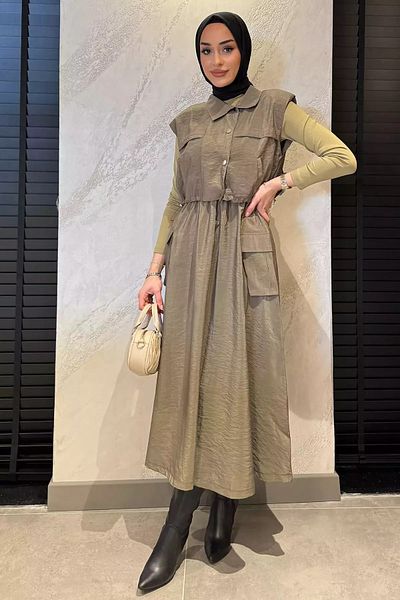 julude Khaki Snap Cargo Pocket Parachute Fabric Dress Vest Hijab Double Suit
