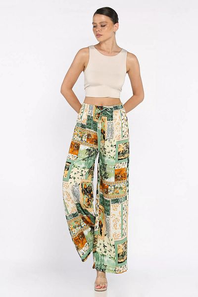 GÜLSELİ Dark Green Women's Elastic Waist Ethnic Patterned Plus Size Viscose Walking Pants