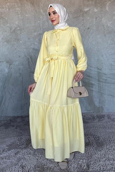 julude Rochie hijab galbenă cu jumătate de nasturi plisate cu volane
