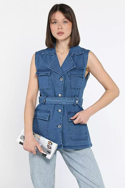 GÜLSELİ Dark Blue Women's Lycra Jean Denim Vest with Pockets and Waist Belt