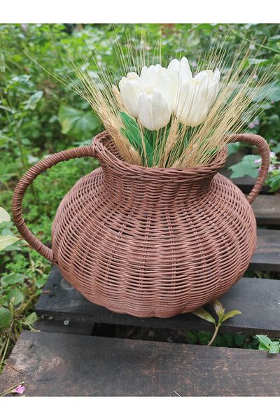 Sou atölye Rattan Bamboo Design Vase Handmade, Coffee