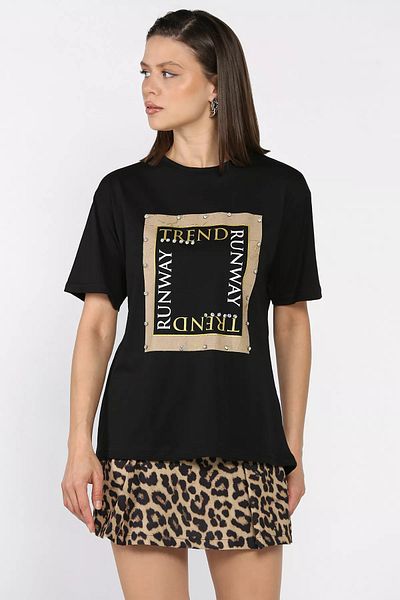 GÜLSELİ Tricou de damă negru cu decolteu cu piatră imprimat