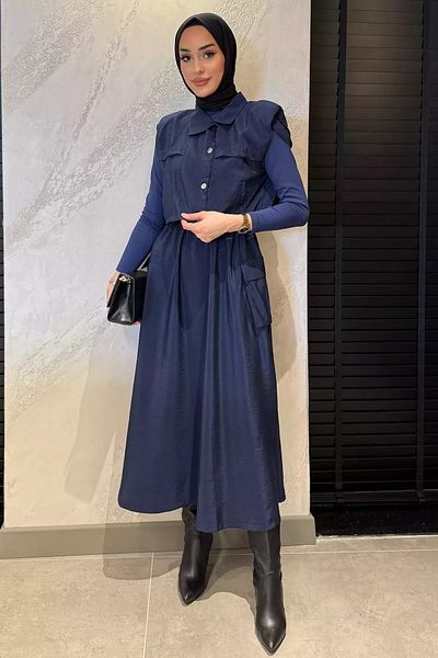 julude Navy Blue Snap Fastener Cargo Pocket Parachute Fabric Dress Vest Hijab Double Suit