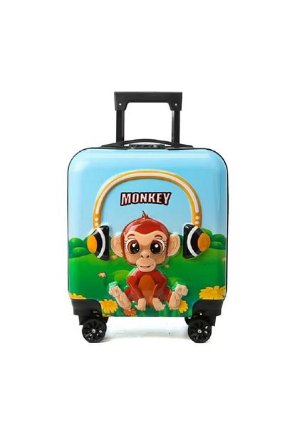 OEM Troler cabina copii cu desene animate 3D de 43 x 36 x 23 cm pentru copii, cu 4 roti, Model Monkey