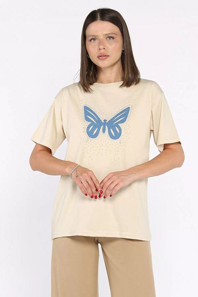 GÜLSELİ Stone Crew Neck Stone Butterfly Motif Women's T-Shirt