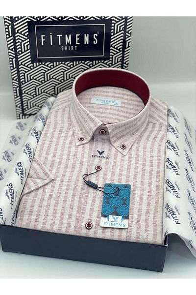 Fitmens Classic Short Sleeve Linen Cotton Lapel Button Gift Boxed Men's Shirt Fs-004152 - Burgundy