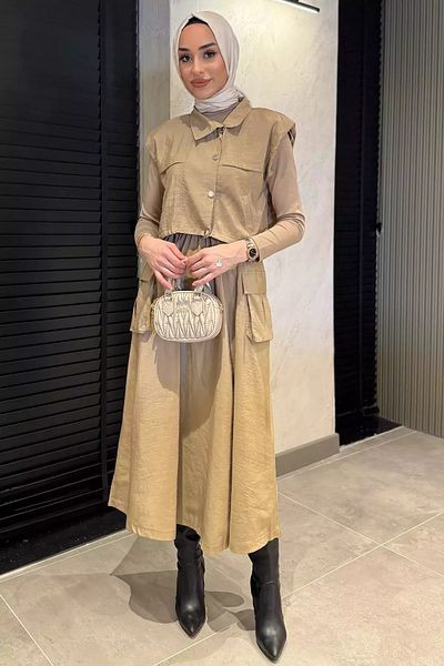 julude Mink Snap Cargo Pocket Parachute Fabric Dress Vest Hijab Double Suit