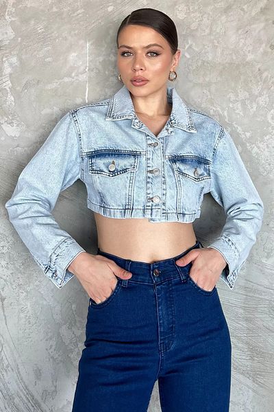 GÜLSELİ Ice Blue Women's Crop Top Jean Denim Jacket