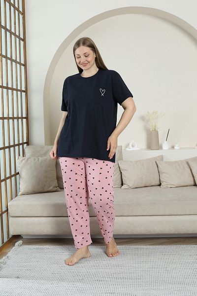 FAMESTEKSTİL Short Sleeve Combed Cotton Seasonal Flat Heart Embroidered Large Size Pajama Set