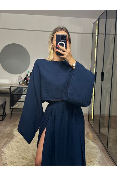 NET OF NOT Violet Navy Blue Muslin Fabric Double Slit Skirt Crop Suit