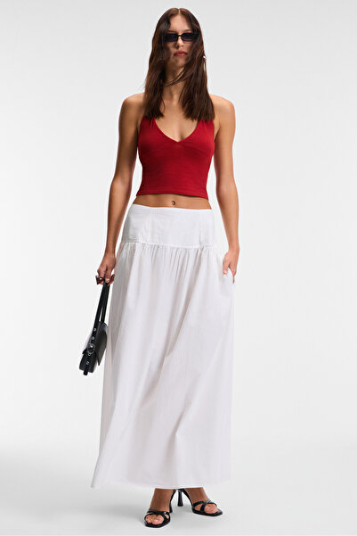 GRIMELANGE MORIENNE Kadın Halter Yaka Kalın Askılı Sırtı Açık Crop Kırmızı Bluz