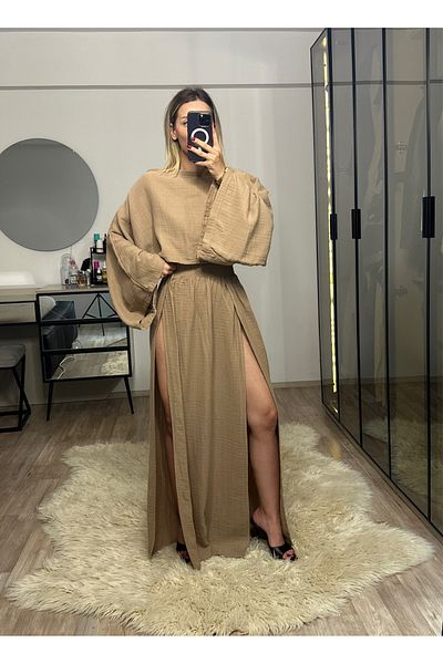 NET OF NOT Violet Mink Muslin Fabric Double Slit Skirt Crop Suit