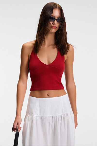 GRIMELANGE Morienne Women's Halter Neckline Thick Strap Backless Crop Red Blouse