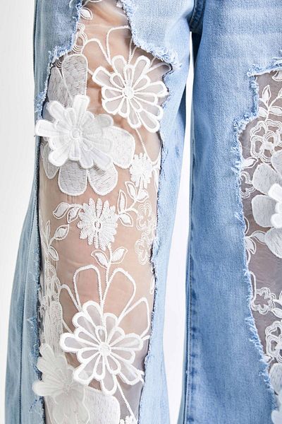 its basic Culoarea albastră pentru femei D 12s5-27 Palazzo Fit Floral Tulle Dantela Detaliată 100% Bumbac Design special Denim Jean